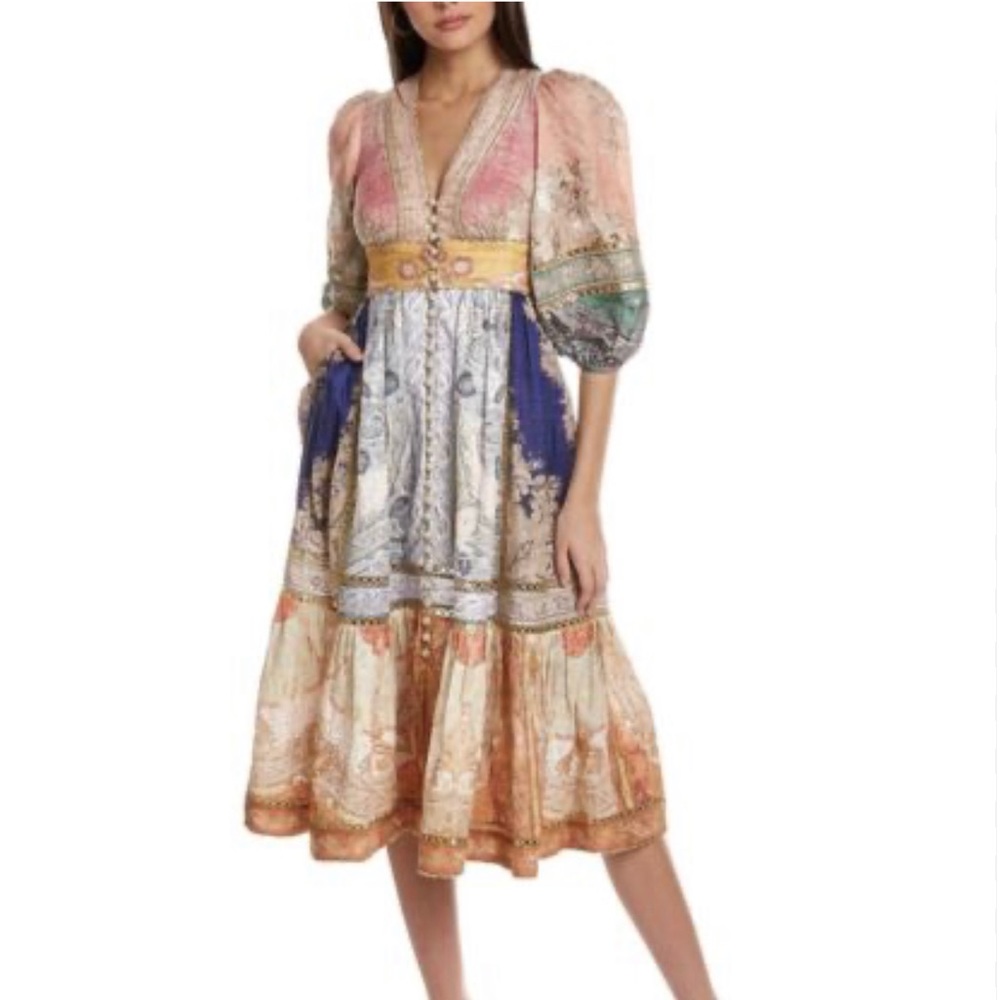 Boho Patchwork Multicolored Gold Crochet tiered maxi dress size small